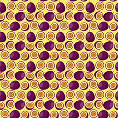 Fototapeta premium Passion Fruit flat seamless pattern on yellow background. Wrapping paper, gift card, poster, banner design. Home decor, modern textile print. Summer bright geometric fruits patterned.