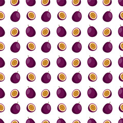 Passion Fruit flat seamless pattern on white background. Wrapping paper, gift card, poster, banner design. Home decor, modern textile print. Summer bright geometric fruits patterned.