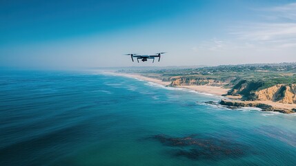 A drone hovers above a serene coastline, capturing breathtaking aerial views of the ocean and sandy shore under a clear blue sky.