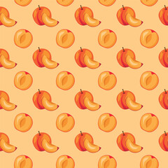 Apricot fruit flat seamless pattern on orange background. Wrapping paper, gift card, poster, banner design. Home decor, modern textile print. Summer bright geometric fruits patterned.