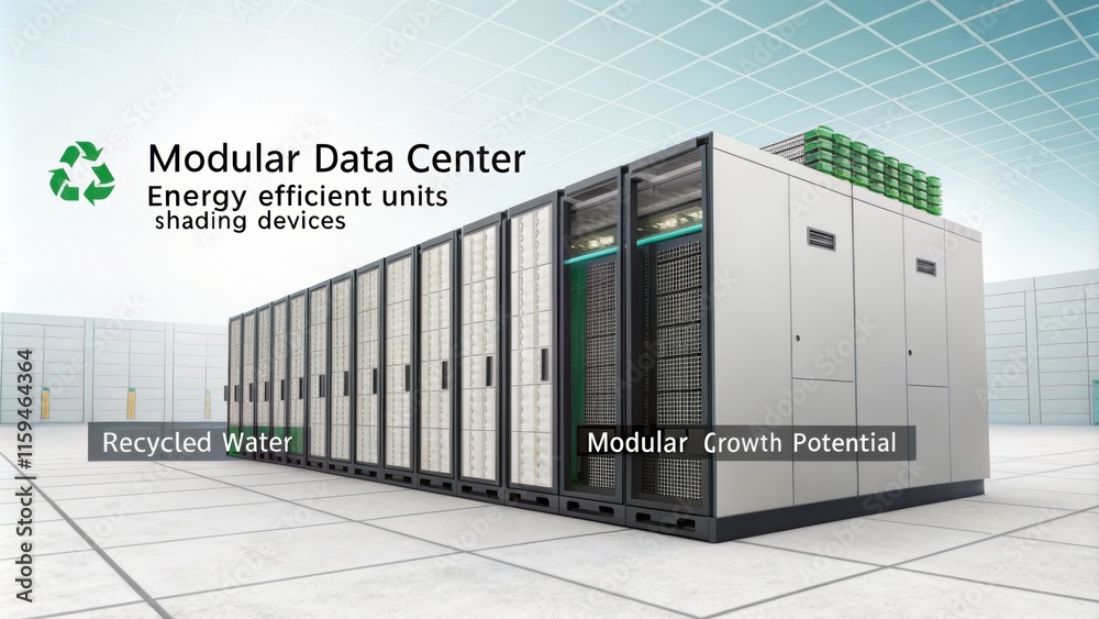 Poster modern server racks arranged in a modular data center, emphasizing scalability, recycled water usage