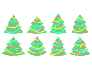 Obraz premium Decorated Christmas trees icon set isolated on white background. Decorated Christmas trees with garland and balls in minimalist style. Symbol of Christmas and New Year. Vector illustration