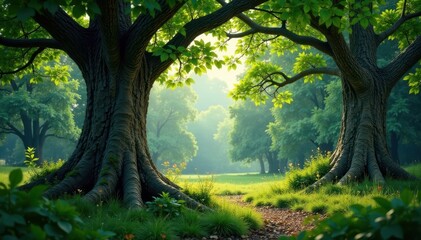 Naklejka premium A serene and tranquil forest scene featuring two ancient trees with gnarled trunks, tree, trees, green