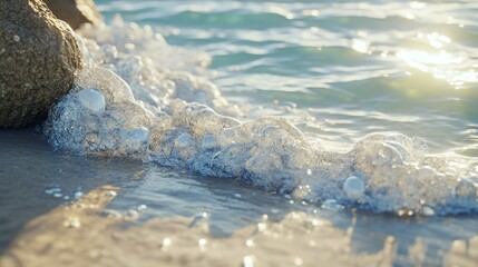 Close-up of ocean waves gently lapping against the shore, creating bubble and reflections.