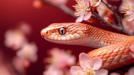 Obraz premium Orange Snake Among Delicate Pink Blossoms