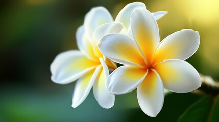 A close-up of vibrant white and yellow plumeria flower against a soft blurred background.