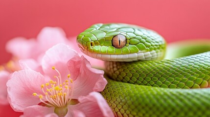 Fototapeta premium Green Snake Near Delicate Pink Blossoms