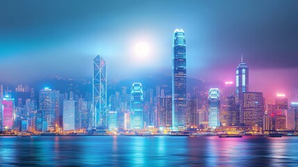 Obraz premium Moonlit Cityscape with Soft Lighting and Scenic Backdrop