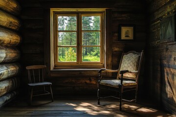 Rustic Cabin Interior With Wooden Chairs And Window