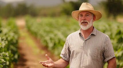 A man in a straw hat stands in a vineyard, speaking about agriculture amidst rows of grapevines under a clear sky.