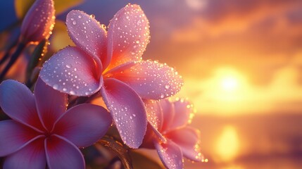 Fototapeta premium Cluster of plumeria flowers with water droplets clinging to their soft petals, set against a tropical sunset, generative ai