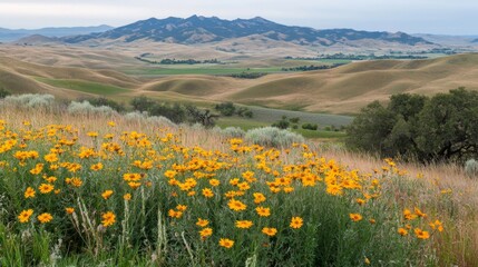 Obraz premium Rolling Hills and Wildflowers in Soft Light