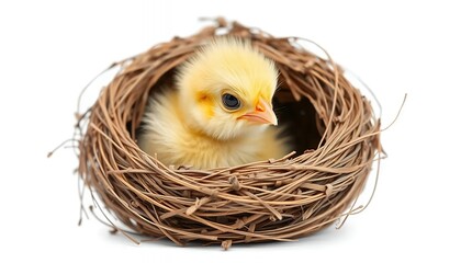 Obraz premium Fluffy Chickling Nestled in Rustic Woven Nest - a Gentle Springtime Image