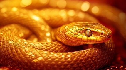 Fototapeta premium Golden Snake Coiled In A Glowing Amber Hue