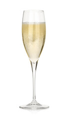 Pouring champagne into glass isolated on white