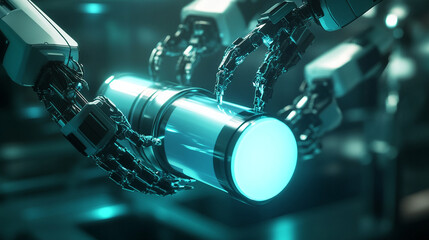 Fototapeta premium Futuristic robotic arms wrapping a cylindrical object in luminescent foil, against a dark, high-tech background.