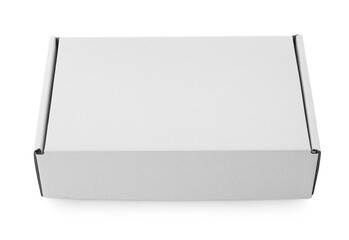 One closed cardboard box isolated on white. Mockup for design