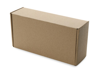 One closed cardboard box isolated on white. Mockup for design