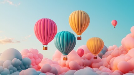 Hot air balloons floating in a dreamy pastel sky