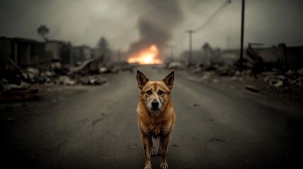 Lone dog stands amidst wildfire devastation.