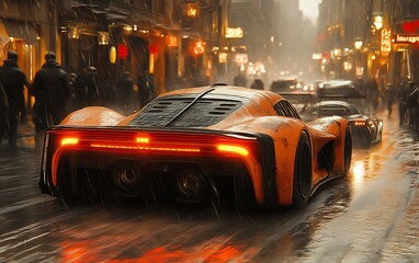 Orange sports car driving in rainy city street at night.