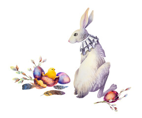 Happy Easter! White Easter bunny, painted eggs and chicken. Easter watercolor illustration. The yellow chicken hatched out of its shell. Willow branches with buds and bird feathers.