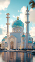 Naklejka premium breathtaking view of the Hazrat Sultan Mosque in Astana Kazakhstan. Its white walls azure domes and golden accents are beautifully reflected in the calm water