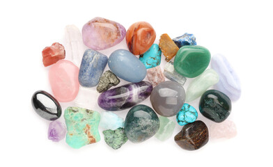 Pile of different natural mineral stones isolated on white, top view