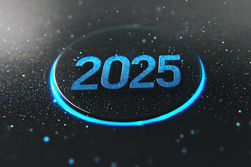 A glowing wireframe illustration of the text "2025" in the center of a transparent background, highlighted by intricate blue and black data points, symbolizing futuristic innovation and progress.

