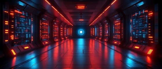 Futuristic server room corridor with red and blue neon lights.