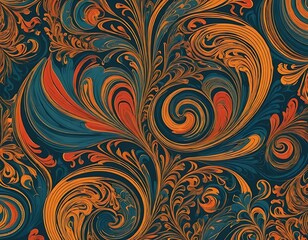 Abstract swirling orange and teal floral design