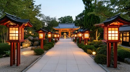 Fototapeta premium Serene Lanterns at Dusk in a Tranquil Garden