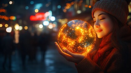 Naklejka premium Girl holding glowing orb in winter night market.