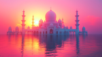 stunning digital artwork depicts a grand white mosque partially submerged in calm pinkhued water at sunset The sun glows behind the mosque creating a magical ethereal atmosphere