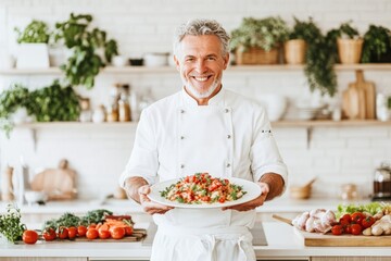 The private chef stands confidently in a gourmet kitchen, holding a plated dish and smiling warmly