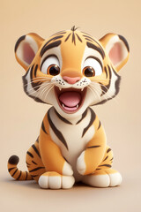 Naklejka premium A cute, cartoon-style baby tiger with a joyful expression, showcasing playful innocence.