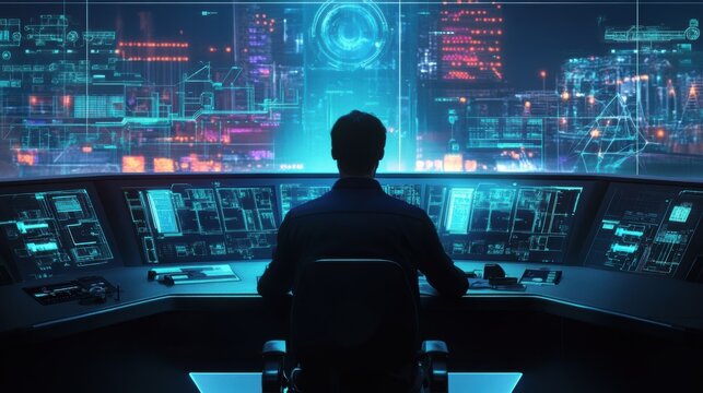 An operator seated at a control panel surrounded by holographic displays of machinery health with virtual tools appearing as they engage in troubleshooting procedures.