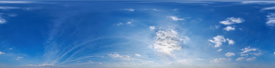 blue sky hdri 360 panorama with white clouds with zenith for use in 3d graphics as sky dome or edit drone shot as sky replacement