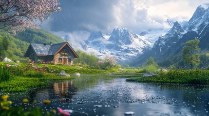 Naklejka premium Country house by the mountains, water drops from a recent rainstorm, vibrant natural landscape, generative ai