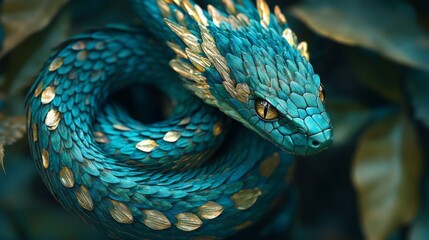 Fototapeta premium A Teal And Gold Snake Coiled In Nature