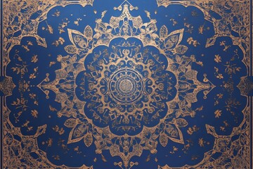 Ornate blue and gold mandala design with intricate floral patterns.