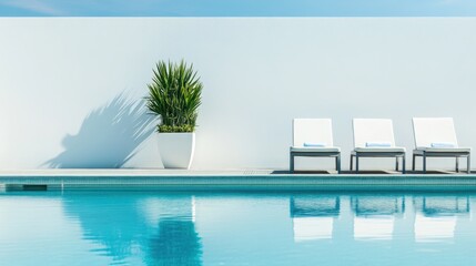 Contemporary minimalist poolside area with minimal decor. Featuring a clean, open design with modern lines