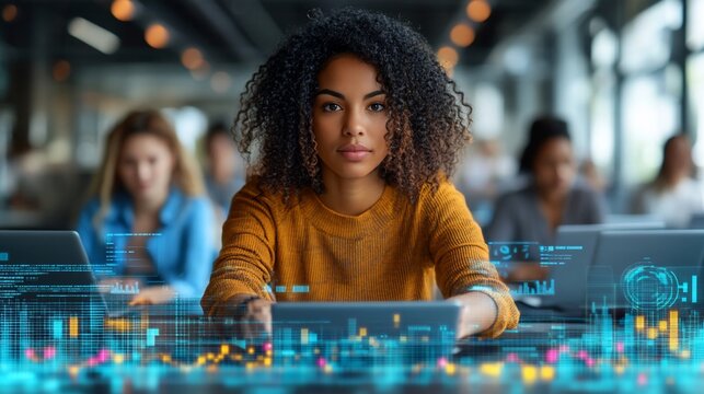 Focused young woman using tablet, digital data overlay.