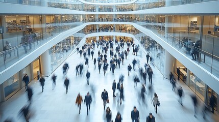 Crowded modern shopping mall atrium, people walking.