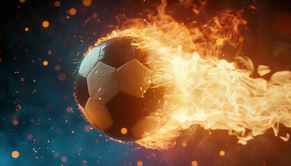 Fototapeta premium Soccer ball with bright flame flying on black background