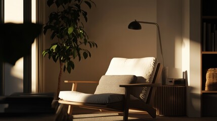 Contemporary minimalist reading nook with minimal decor. Featuring a clean, open design with modern lines