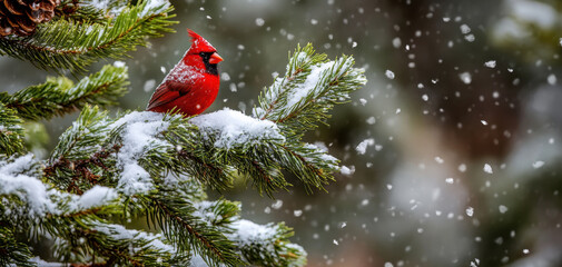 A vibrant red cardinal sits atop a snow-dusted evergreen branch while delicate snowflakes fall around it in a tranquil winter setting, showcasing the beauty of nature.