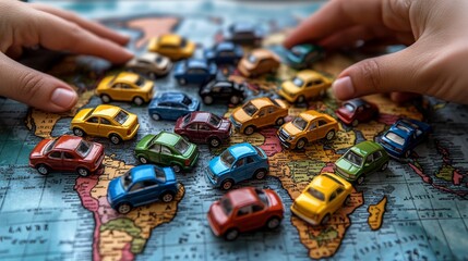Hands arranging colorful toy cars on a world map.