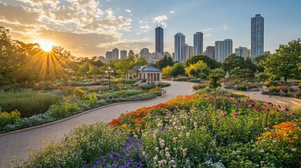 Fototapeta premium Vibrant Gardens with Stunning Cityscape Backdrop