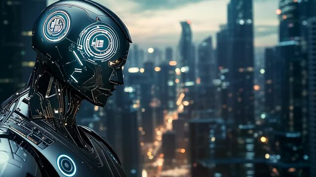 A sleek robotic figure extends its arm towards the horizon, surrounded by towering skyscrapers and a colorful evening sky that highlights the merging of technology and urban life